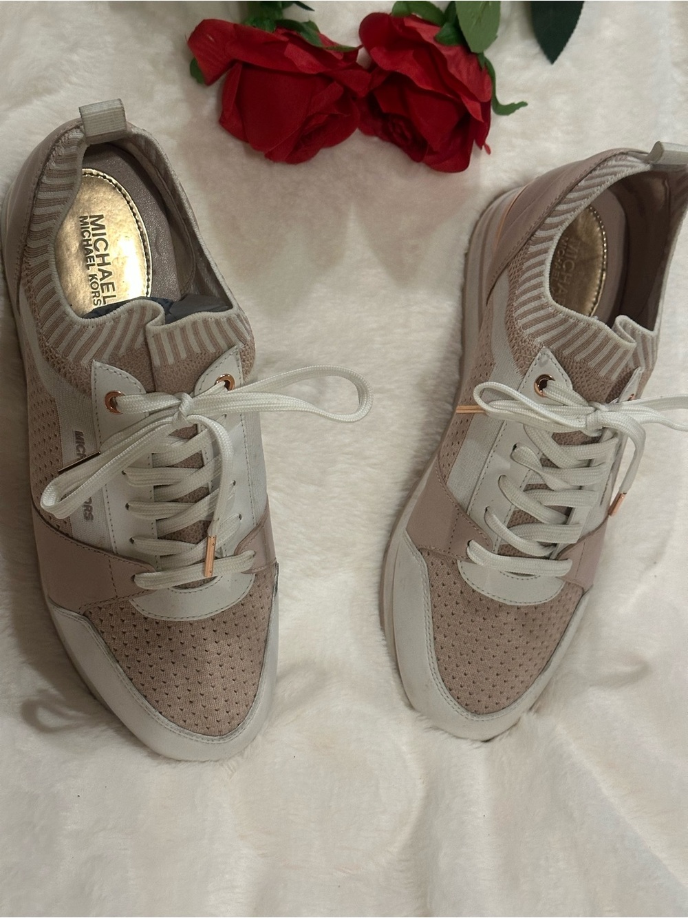 MICHAEL Michael Kors Women's Taupe and White Knit Leather Lace-Up Sneakers